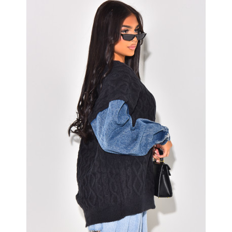 Cardigan en laine tressé à manches en jeans