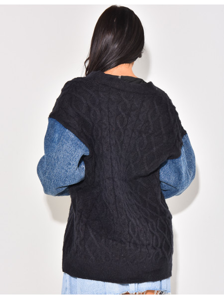 Cardigan en laine tressé à manches en jeans