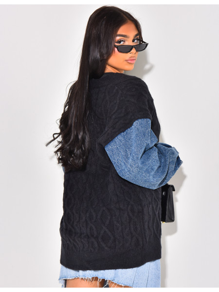 Cardigan en laine tressé à manches en jeans