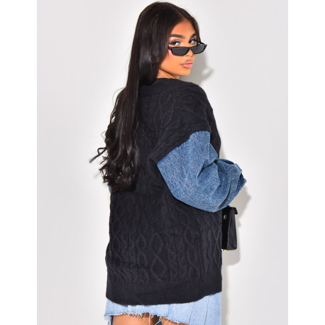 Cardigan en laine tressé à manches en jeans