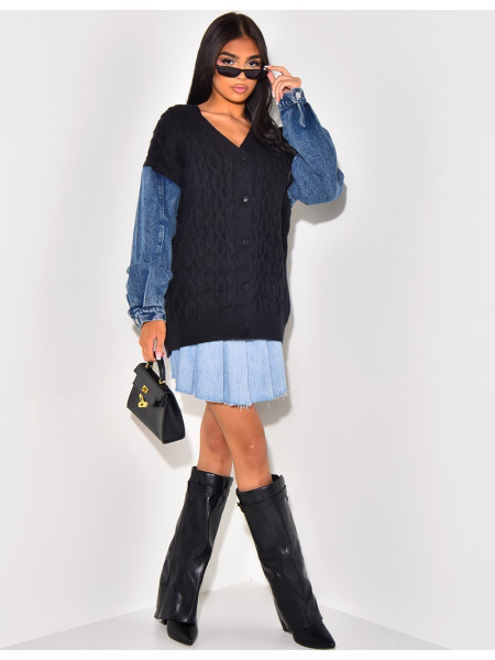 Cardigan en laine tressé à manches en jeans