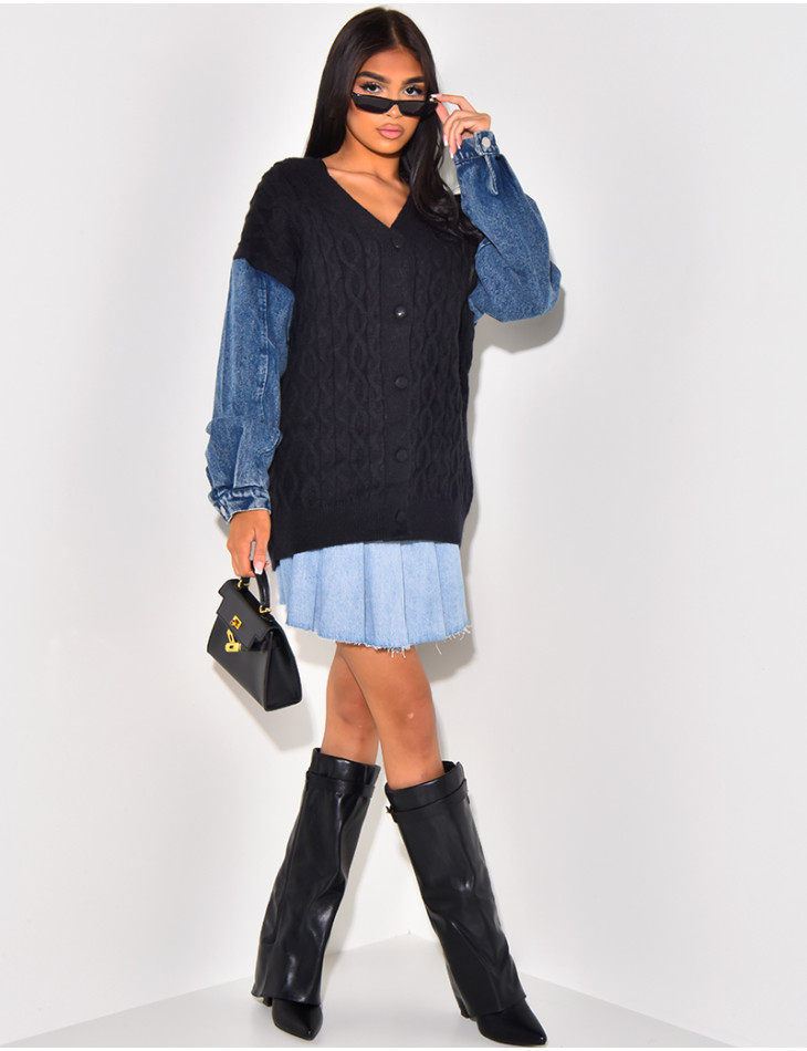 Cardigan en laine tressé à manches en jeans