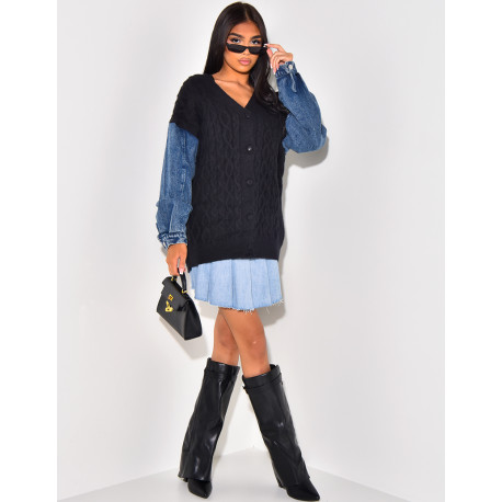 Cardigan en laine tressé à manches en jeans