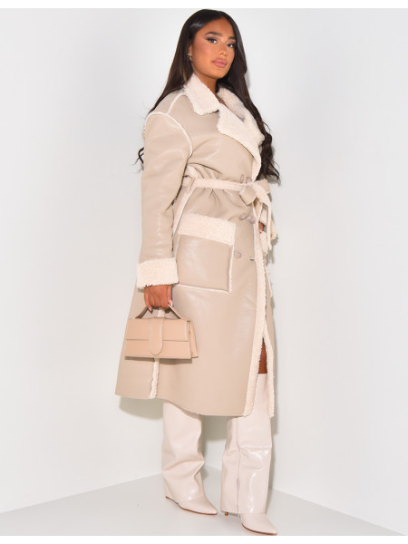 Faux Leather Coat with Faux Fur