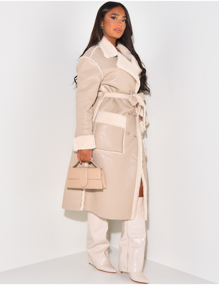 Faux Leather Coat with Faux Fur