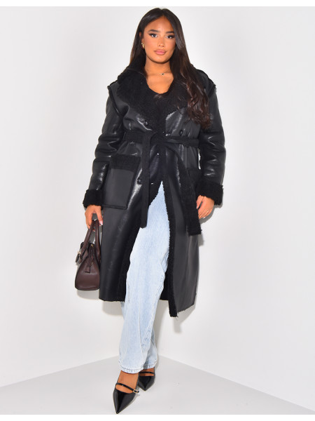 Faux Leather Coat with Faux Fur
