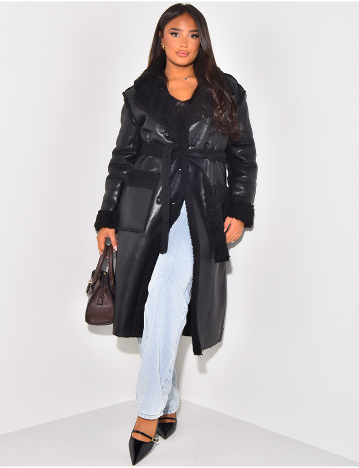 Faux Leather Coat with Faux Fur