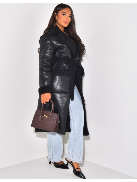 Faux Leather Coat with Faux Fur