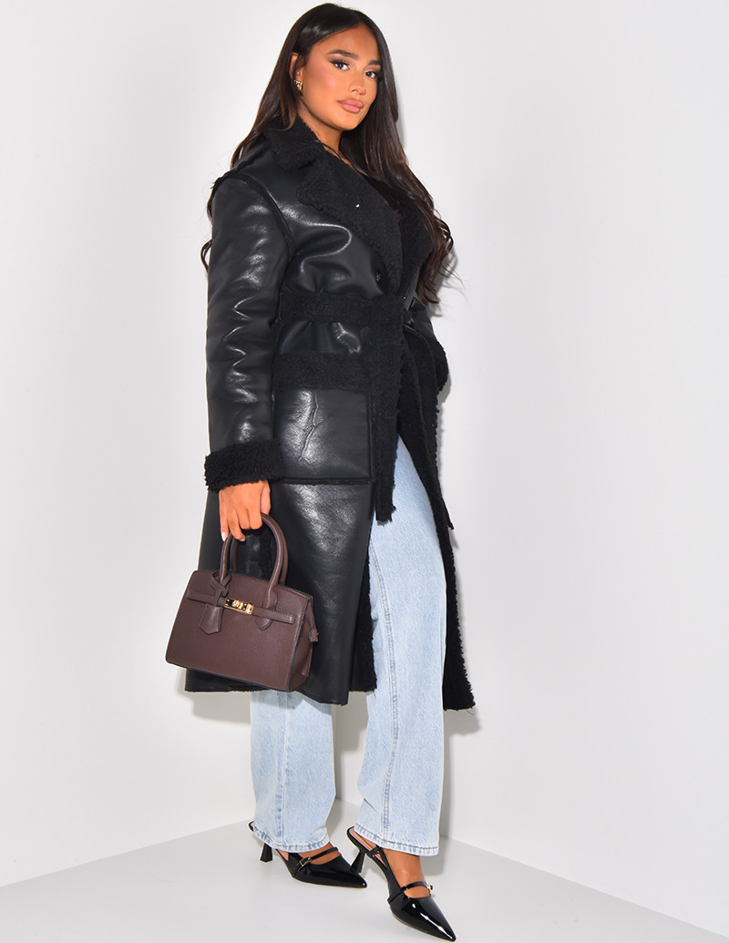 Faux Leather Coat with Faux...