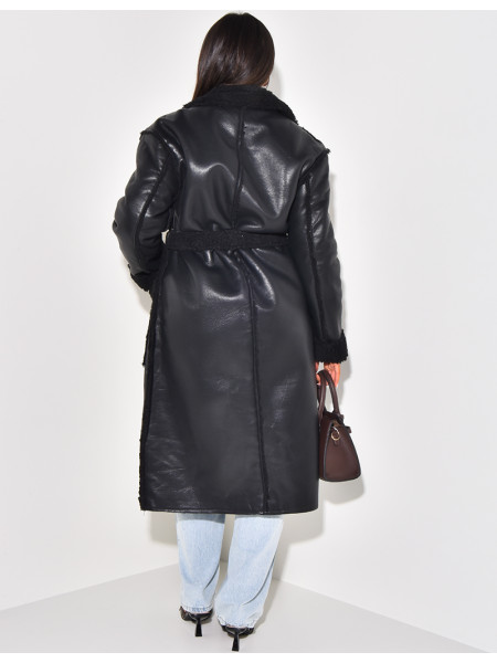 Faux Leather Coat with Faux Fur