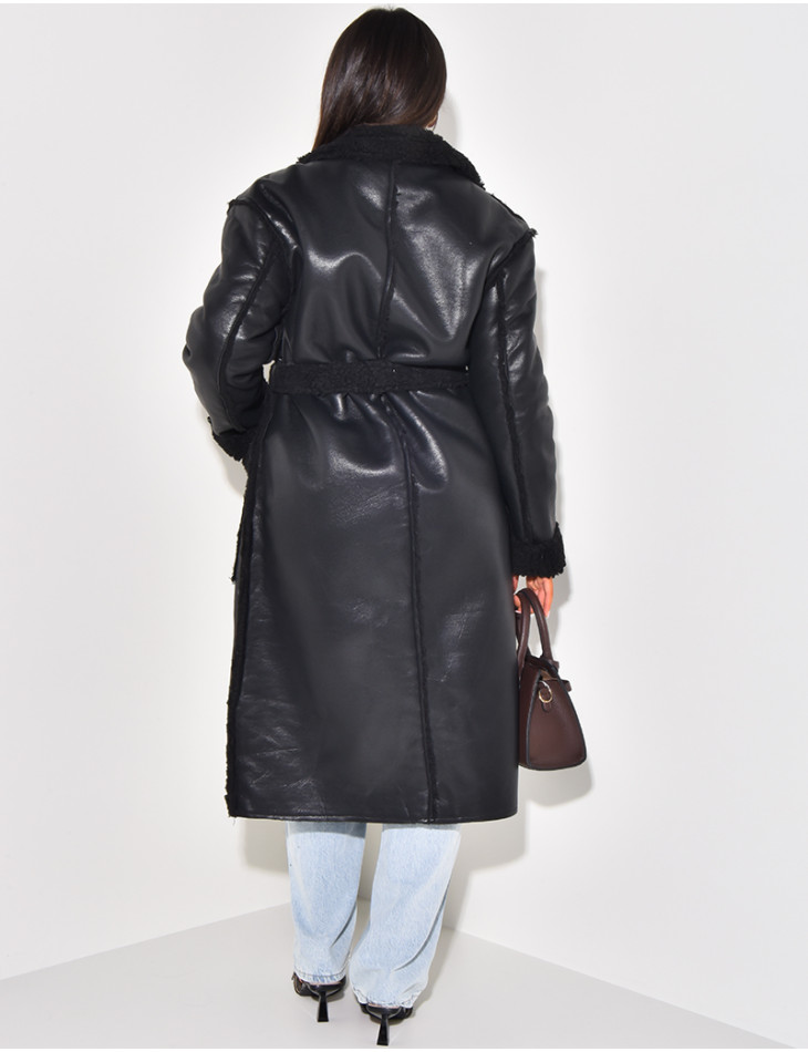 Faux Leather Coat with Faux Fur