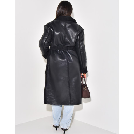 Faux Leather Coat with Faux Fur