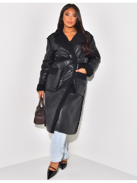Faux Leather Coat with Faux Fur