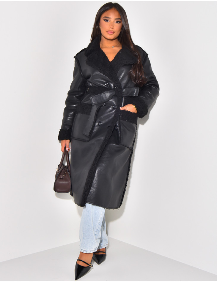 Faux Leather Coat with Faux Fur