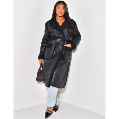 Faux Leather Coat with Faux Fur