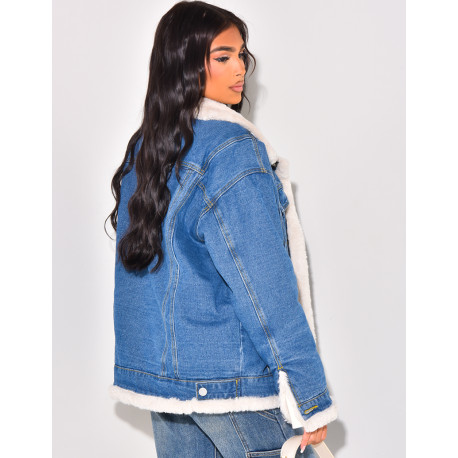 Oversized jacket in reversible denim with fur