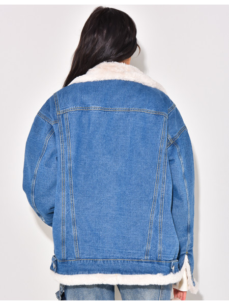 Oversized jacket in reversible denim with fur