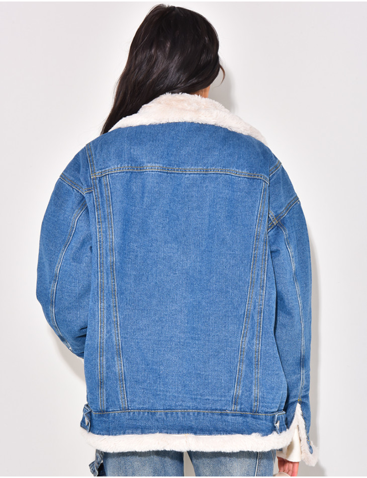 Oversized jacket in reversible denim with fur