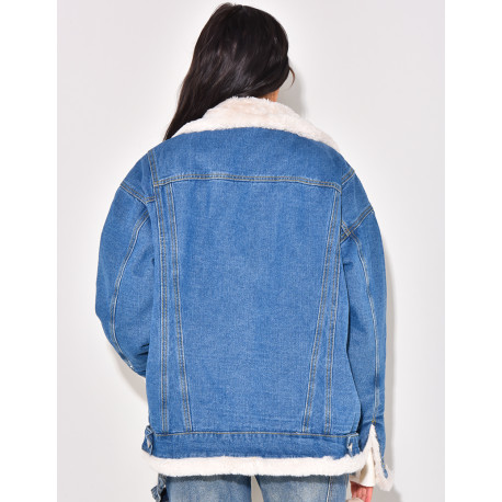 Oversized jacket in reversible denim with fur