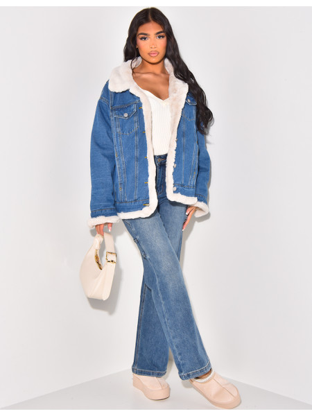 Oversized jacket in reversible denim with fur