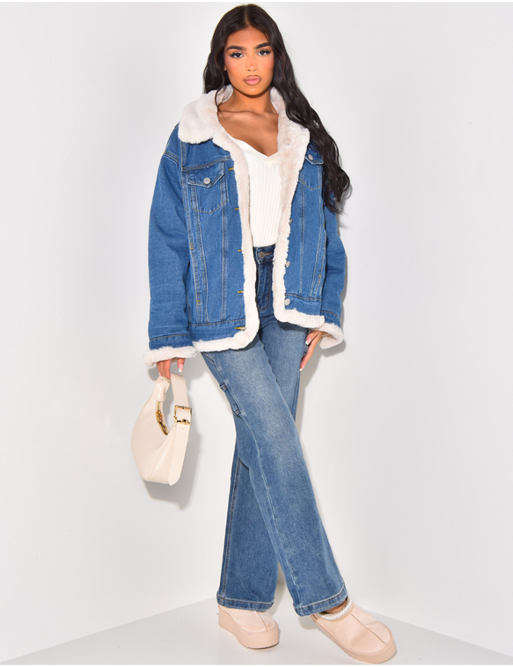 Oversized jacket in reversible denim with fur