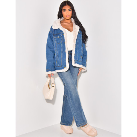 Oversized jacket in reversible denim with fur