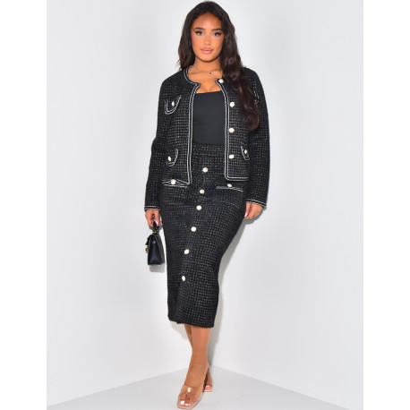 Set aus Rock und weicher Weste mit Perlenknöpfen