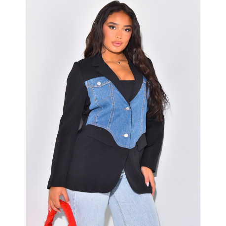 Oversized blazer with corset effect denim yoke