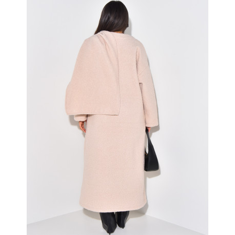 Long coat in curly wool with scarf effect collar