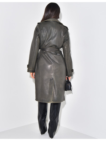 Trench long en similicuir effet vieilli