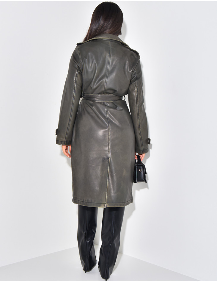 Trench long en similicuir effet vieilli