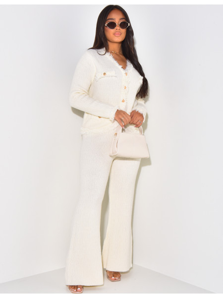 Ensemble pantalon et gilet à boutons dorés en laine texturée