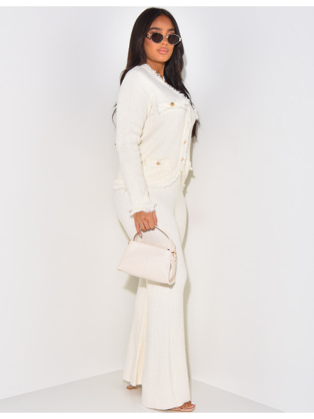 Ensemble pantalon et gilet à boutons dorés en laine texturée