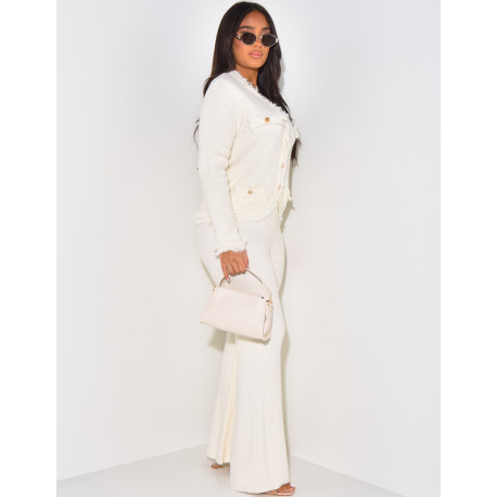 Ensemble pantalon et gilet à boutons dorés en laine texturée