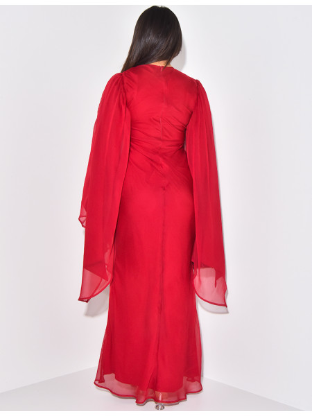 Robe longue en voile doublée croisée au col et manches évasées