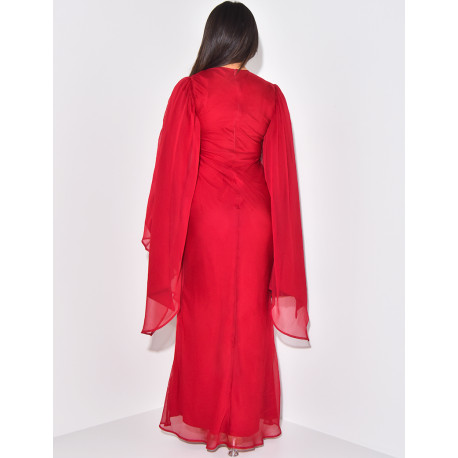 Robe longue en voile doublée croisée au col et manches évasées