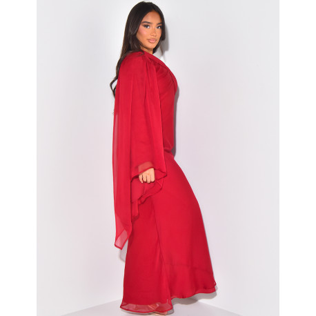 Robe longue en voile doublée croisée au col et manches évasées