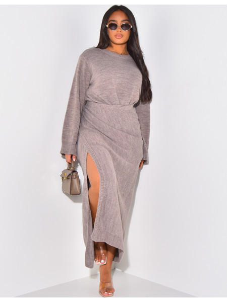 Set aus langem Pullover und Rock aus Wolle zum Binden