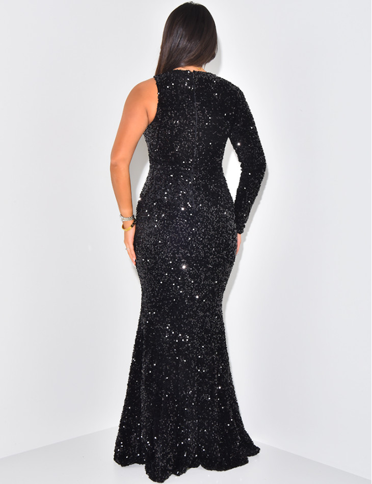 Langes, asymmetrisches Kleid mit Pailletten.