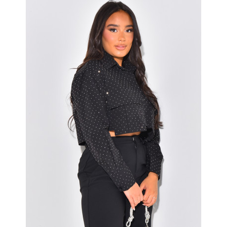Short shirt with cargo pockets & rhinestones