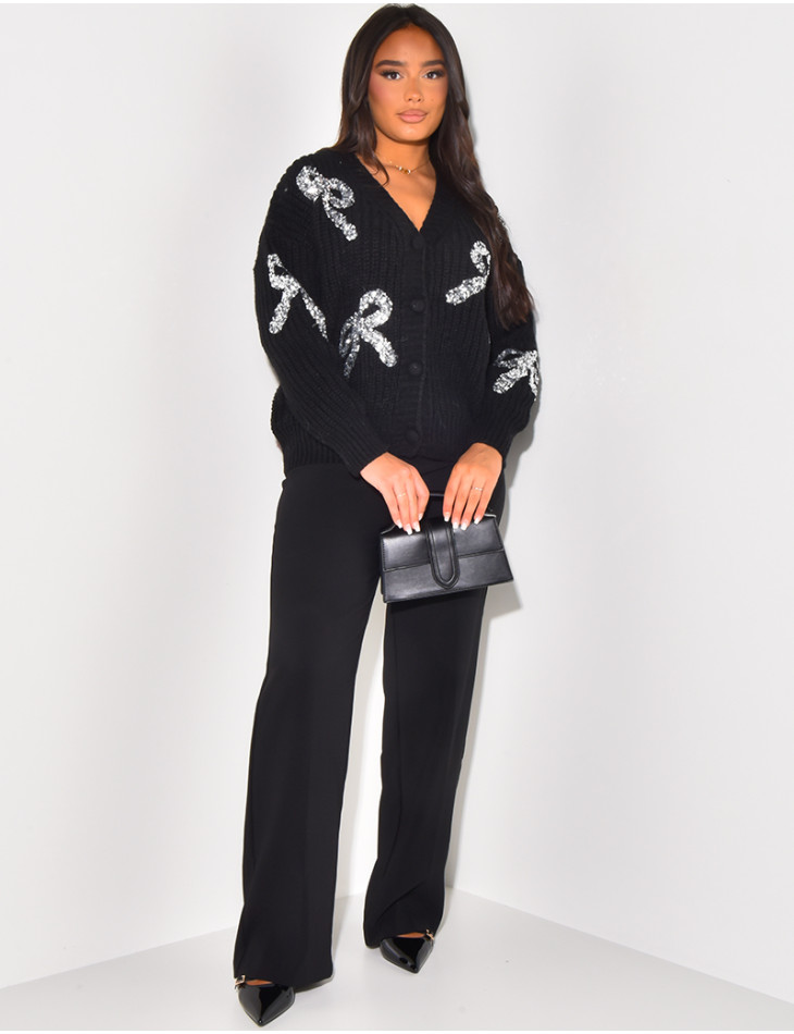 Cardigan en laine à noeuds brillants brodés
