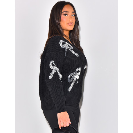 Cardigan en laine à noeuds brillants brodés