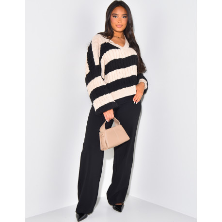 Pull court en laine à bandes