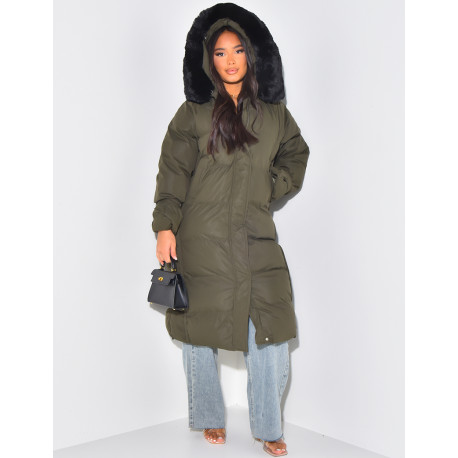 Long down jacket with fur hood