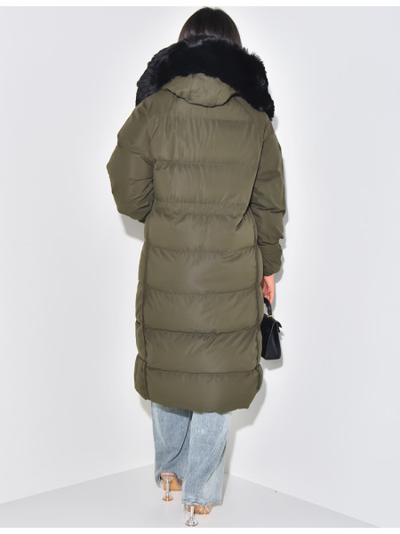 Long down jacket with fur hood