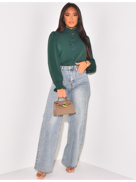 voile shirt with floral embroidery on collar