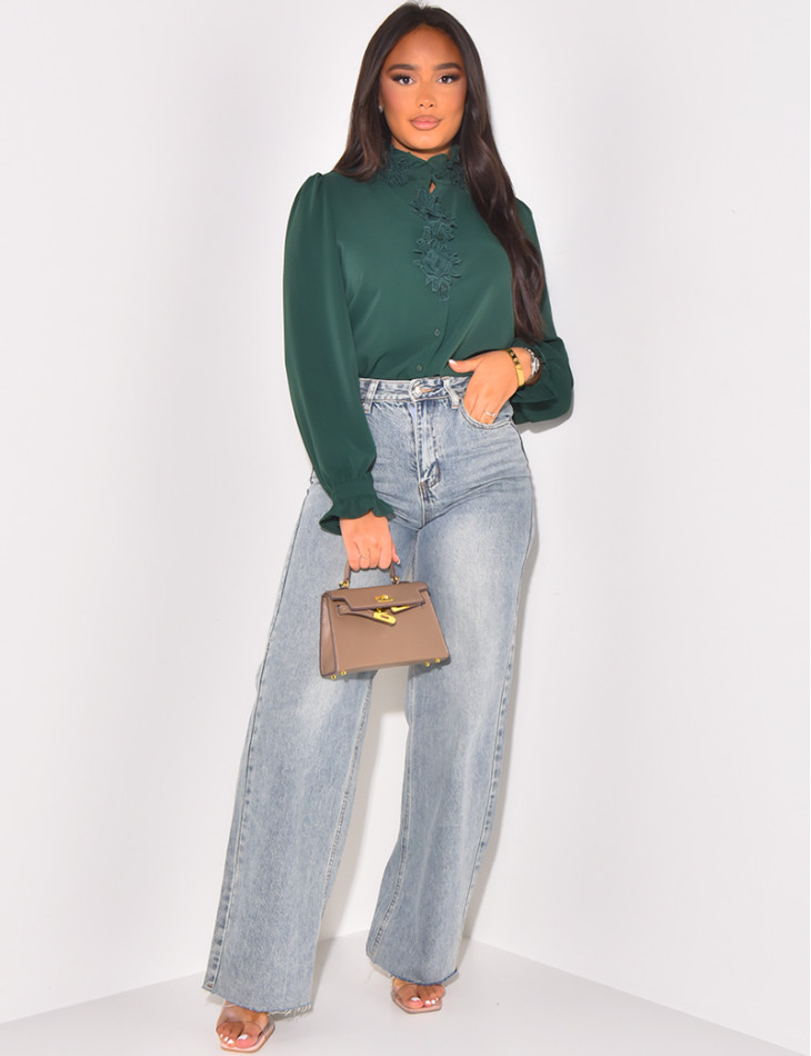 voile shirt with floral embroidery on collar