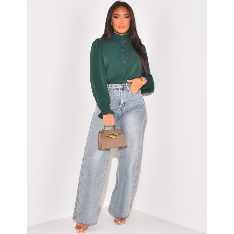 voile shirt with floral embroidery on collar