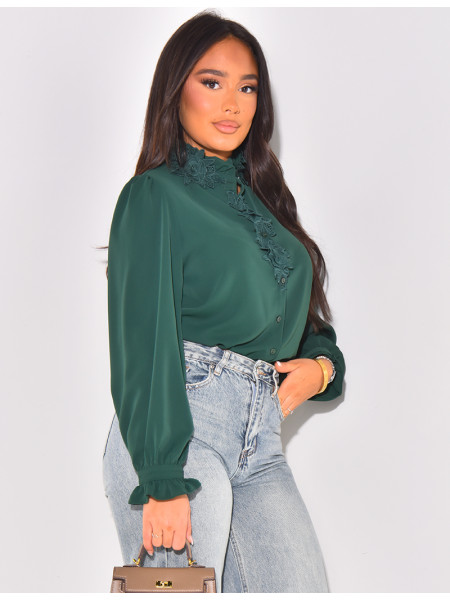 voile shirt with floral embroidery on collar