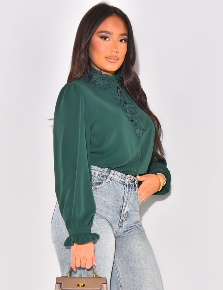 voile shirt with floral embroidery on collar